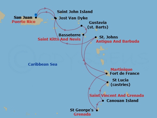 10 Night - San Juan to San Juan - Silver Dawn - Starting in San Juan, Jost Van Dyke, British Virgin Islands, Gustavia, St Barthelemy, St Kitts (Basseterre), Fort-de-France, St Georges, Canouan, Castries, St Lucia, St Johns, St John VI, San Juan itinerary map