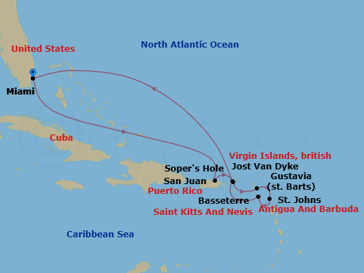11 Night - Miami to Miami - Silver Dawn - Starting in Miami, Fl, San Juan, Sopers Hole, Gustavia, St Barthelemy, St Johns, St Kitts (Basseterre), Jost Van Dyke, British Virgin Islands, Miami, Fl itinerary map