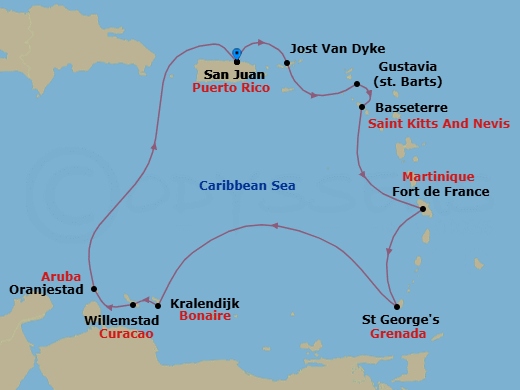 11 Night - San Juan to San Juan - Silver Dawn - Starting in San Juan, Jost Van Dyke, British Virgin Islands, Gustavia, St Barthelemy, St Kitts (Basseterre), Fort-de-France, St Georges, Kralendijk, Bonaire, Willemstad AN, Curacao, Oranjestad, Aruba, San Juan itinerary map
