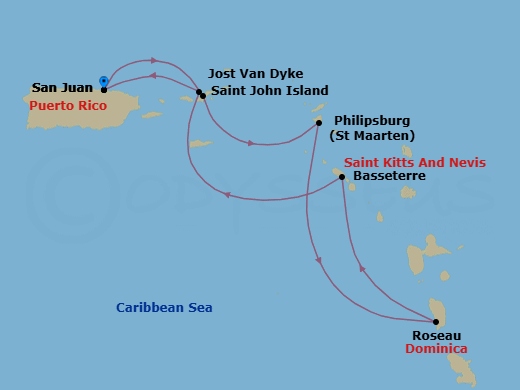7 Night - San Juan to San Juan - Silver Dawn - Starting in San Juan, St John VI, Philipsburg, St Maarten, Roseau, St Kitts (Basseterre), Jost Van Dyke, British Virgin Islands, San Juan itinerary map