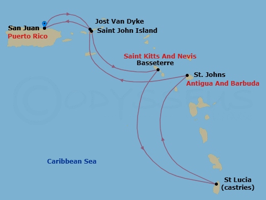 7 Night - San Juan to San Juan - Silver Dawn - Starting in San Juan, St John VI, St Kitts (Basseterre), Castries, St Lucia, St Johns, Jost Van Dyke, British Virgin Islands, San Juan itinerary map