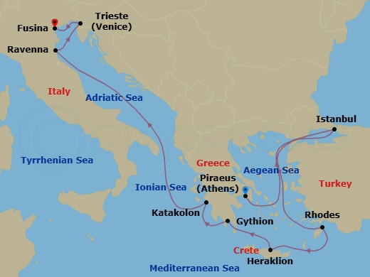 12 Night - Athens to Fusina - Silver Dawn - Starting in Athens (Piraeus), Istanbul, Cruise the Dardanelles, Rhodes, Heraklion, Gythion, Katakolon (Olympia), Ravenna, Trieste, Fusina (Venice) itinerary map
