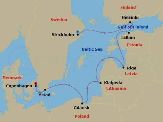 7 Night - Stockholm to Copenhagen - Silver Dawn - Starting in Stockholm, Helsinki, Tallinn, Riga, Klaipeda, Gdansk, Ystad, Copenhagen itinerary map