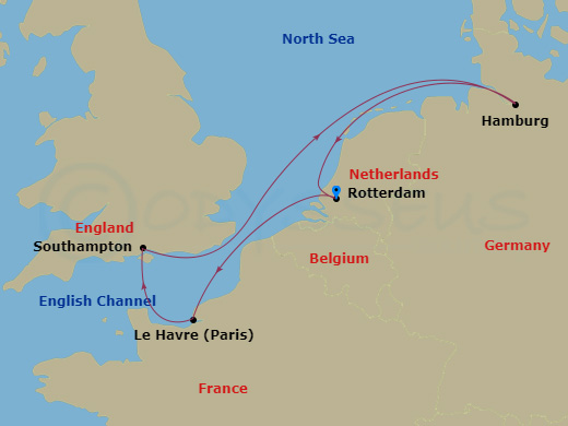 MSC Preziosa - 6 Night - Rtm - MSC Preziosa - Starting in Rotterdam (Amsterdam), Netherlands, Le Havre (Paris), France, Southampton (London), United Kingdom, Hamburg, German.. itinerary map