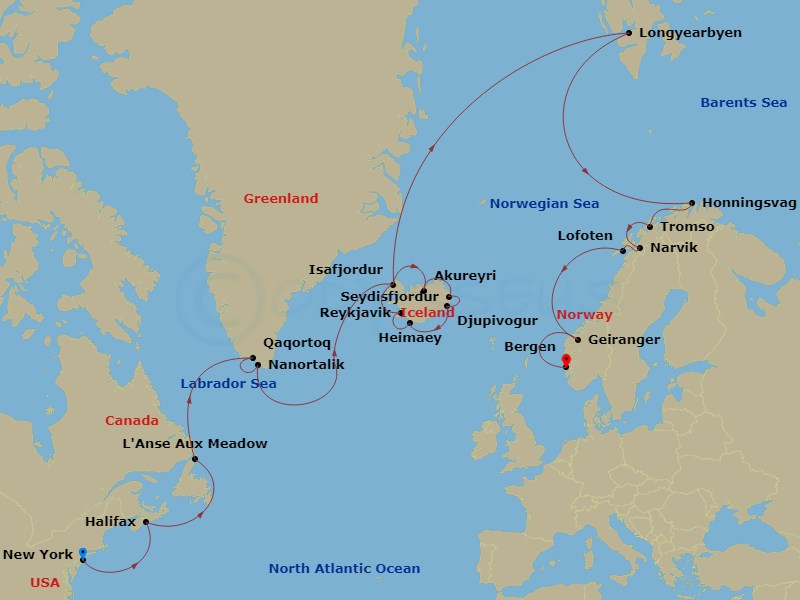Viking Mira - 28 Night - Greenland, Iceland, Norway & Beyond - Viking Mira - Starting in New York City, New York, Sail the Atlantic Ocean, Halifax, Nova Scotia, Sail the Gu.. itinerary map