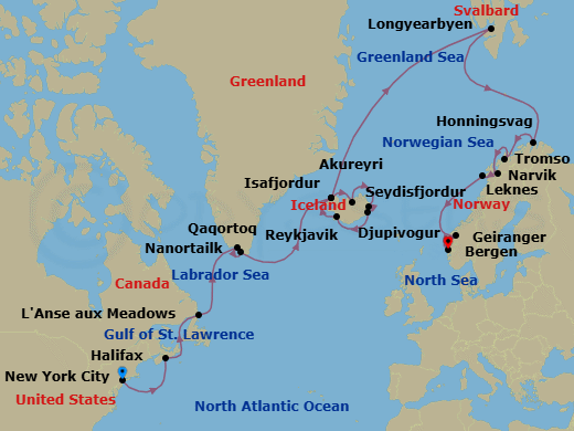 28 Night - Greenland, Iceland, Norway & Beyond - Viking Astrea - Starting in New York City, New York, Sail the Atlantic Ocean, Halifax, Nova Scotia, Sail the Gulf of St Lawrence, Lanse Aux Meadows, Newfoundland, Sail the Labrador Sea, Qaqortoq, Nanortalik, Sail the Atlantic Ocean, Isafjordur, Akureyri, Seydisfjordur, Djupivogur, Reykjavik, Isafjordur, Sail the Norwegian Sea, Longyearbyen, Sail the Barents Sea, Honningsvag, Tromso, Narvik, Lofoten (Leknes), Scenic Sailing Norwegian Inside Passage, Geiranger, Norway, Bergen itinerary map