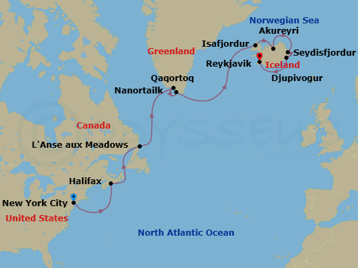 14 Night - Iconic Iceland, Greenland & Canada - Viking Astrea - Starting in New York City, New York, Sail the Atlantic Ocean, Halifax, Nova Scotia, Sail the Gulf of St Lawrence, Lanse Aux Meadows, Newfoundland, Sail the Labrador Sea, Qaqortoq, Nanortalik, Sail the Atlantic Ocean, Isafjordur, Akureyri, Seydisfjordur, Djupivogur, Reykjavik itinerary map