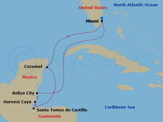 7 Night - Sea, Sun & Salsa - Seven Seas Prestige - Starting in Miami, Cruising the Caribbean Sea, Belize City, Harvest Caye, Santo Tomas De Castilla, Cozumel, Mexico, Cruising the Florida Straits, Miami itinerary map