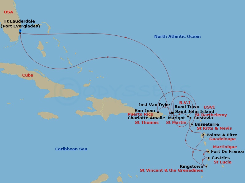 Crystal Symphony - 17 Night - The Americas & Caribbean - Crystal Symphony - Starting in Fort Lauderdale, Road Town, Gustavia, St Barthelemy, Pointe-a-Pitre, French West Indies,.. itinerary map