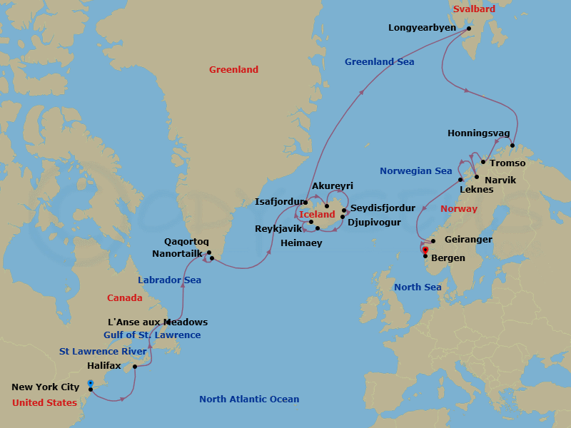 28 Night - Greenland, Iceland, Norway & Beyond - Viking Mira - Starting in New York City, New York, Sail the Atlantic Ocean, Halifax, Nova Scotia, Scenic Sailing St Lawrence River, Lanse Aux Meadows, Newfoundland, Sail the Labrador Sea, Qaqortoq, Nanortalik, Sail the Atlantic Ocean, Isafjordur, Akureyri, Seydisfjordur, Djupivogur, Heimaey Westman Islands, Reykjavik, Isafjordur, Sail the Norwegian Sea, Longyearbyen, Sail the North Sea, Honningsvag, Tromso, Narvik, Lofoten (Leknes), Scenic Sailing Norwegian Inside Passage, Geiranger, Norway, Bergen itinerary map