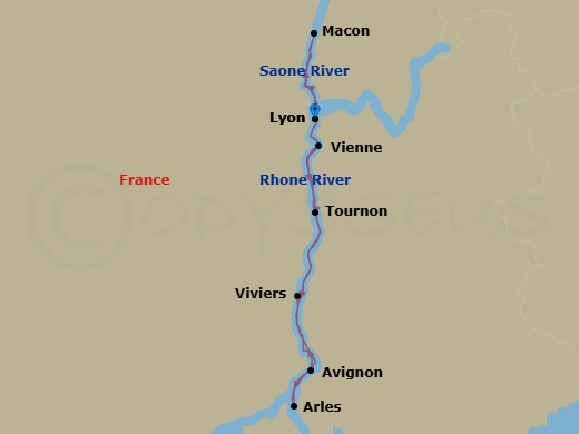 10 Night - Tastes of the South of France - a Wine Cruise - Scenic Sapphire - Starting in Lyon, Lyon / Macon, Vienne, Tournon, Avignon, Arles, Viviers, Lyon itinerary map