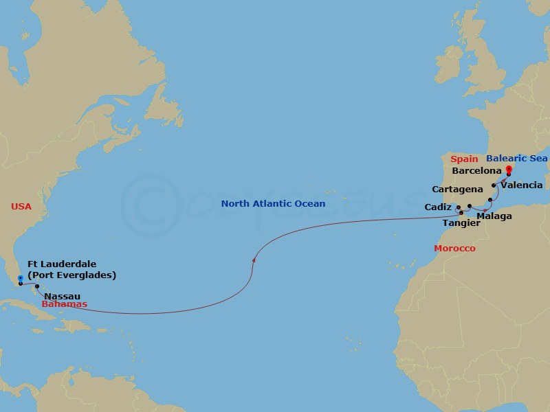 RCL Brilliance of the Seas - 15 Night - Spain & Morocco Transatlantic - RCL Brilliance of the Seas - Starting in Fort Lauderdale, Florida, Nassau, Bahamas, Tangier, Morocco, Seville (Cadi.. itinerary map
