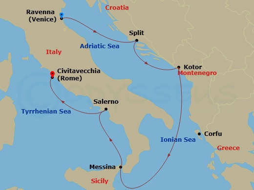 RCL Explorer of the Seas - 7 Night - Italy & Croatia Cruise - RCL Explorer of the Seas - Starting in Ravenna, Italy, Split, Croatia, Kotor, Montenegro, Corfu, Greece, Sicily (Messina),.. itinerary map