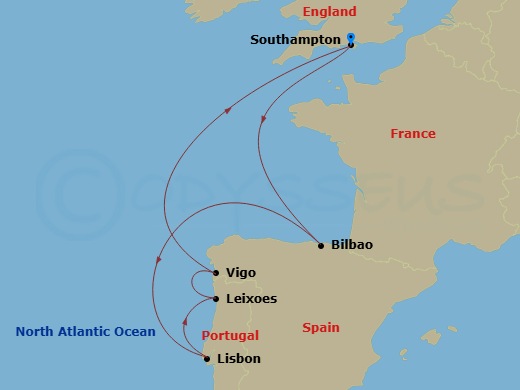 RCL Mariner of the Seas - 8 Night - Spain & Portugal Cruise - RCL Mariner of the Seas - Starting in Southampton, England, Bilbao, Lisbon, Portugal, Porto (Leixoes), Portugal, Vigo, Spa.. itinerary map