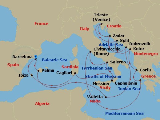 Queen Victoria - 21 Night - Italy, Spain and Adriatic - Queen Victoria - Starting in Barcelona, Spain, Ibiza, Spain, Cagliari, Sardinia, Italy, Messina Strait, Italy (Transit).. itinerary map