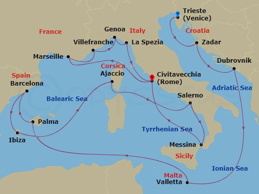 Queen Victoria - 21 Night - Adriatic and Western Mediterranean - Queen Victoria - Starting in Trieste, Italy, Zadar, Croatia, Dubrovnik, Croatia, Valletta, Malta, Palma De Mal.. itinerary map