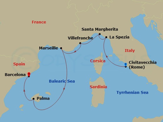 RCL Explorer of the Seas - 7 Night - Italy, Spain & French Riviera - RCL Explorer of the Seas - Starting in Rome (Civitavecchia), Italy, Florence / Pisa (La Spezia), Italy, Santa Marghe.. itinerary map