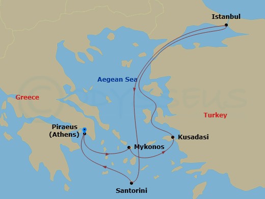 RCL Rhapsody of the Seas - 7 Night - Best of Greece & Turkey Cruise - RCL Rhapsody of the Seas - Starting in Athens (Piraeus), Greece, Mykonos, Greece, Ephesus (Kusadasi), Turkey, Istan.. itinerary map