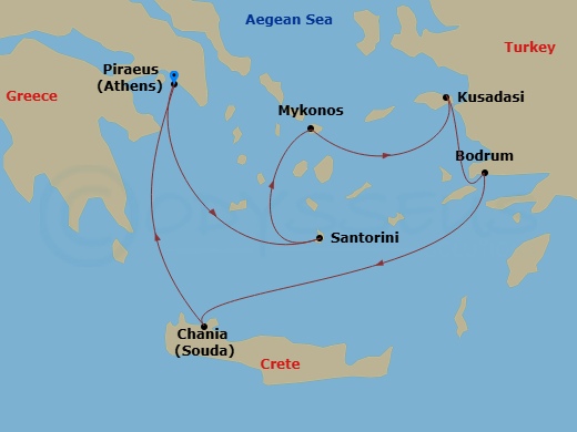 RCL Rhapsody of the Seas - 7 Night - Greek Isles & Turkey Cruise - RCL Rhapsody of the Seas - Starting in Athens (Piraeus), Greece, Santorini, Greece, Mykonos, Greece, Ephesus (Kusadasi.. itinerary map