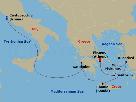 RCL Explorer of the Seas - 7 Night - Best of Greece Cruise - RCL Explorer of the Seas - Starting in Rome (Civitavecchia), Italy, Olympia (Katakolon), Greece, Chania (Souda), Crete, Gree.. itinerary map