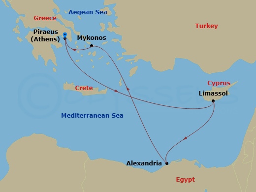 RCL Rhapsody of the Seas - 7 Night - Greece, Egypt & Cyprus Cruise - RCL Rhapsody of the Seas - Starting in Athens (Piraeus), Greece, Limassol, Cyprus, Alexandria EG, Mykonos, Greece, A.. itinerary map