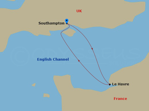 RCL Mariner of the Seas - 2 Night - Weekend Getaway Cruise - RCL Mariner of the Seas - Starting in Southampton, England, Paris (Le Havre), France, Southampton, England itinerary map
