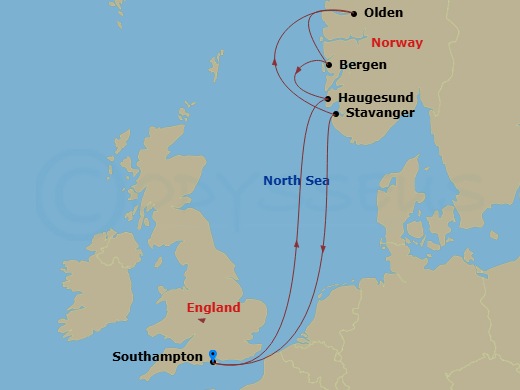RCL Mariner of the Seas - 7 Night - Norwegian Fjords Cruise - RCL Mariner of the Seas - Starting in Southampton, England, Haugesund, Norway, Bergen, Norway, Olden, Norway, Stavanger, N.. itinerary map