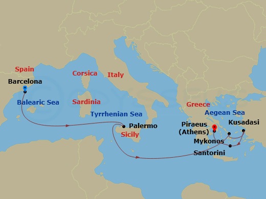 RCL Explorer of the Seas - 7 Night - Greek Isles & Italy Cruise - RCL Explorer of the Seas - Starting in Barcelona, Spain, Sicily (Palermo), Italy, Mykonos, Greece, Ephesus (Kusadasi),.. itinerary map