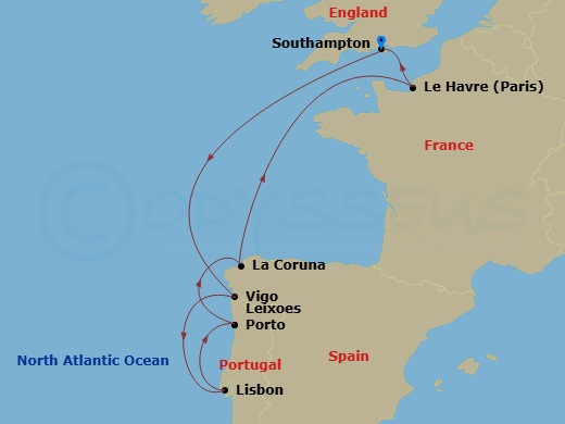 RCL Mariner of the Seas - 8 Night - Spain Portugal & France Cruise - RCL Mariner of the Seas - Starting in Southampton, England, Vigo, Spain, Lisbon, Portugal, Porto (Leixoes), Portuga.. itinerary map