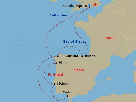 RCL Mariner of the Seas - 9 Night - Spanish Flair Cruise - RCL Mariner of the Seas - Starting in Southampton, England, Vigo, Spain, Lisbon, Portugal, Seville (Cadiz), Spain, La Coruna,.. itinerary map