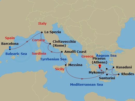 RCL Rhapsody of the Seas - 11 Night - Best of Italy & Greece Cruise - RCL Rhapsody of the Seas - Starting in Barcelona, Spain, Florence / Pisa (La Spezia), Italy, Rome (Civitavecchia),.. itinerary map