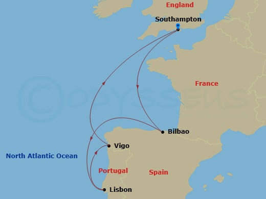 RCL Mariner of the Seas - 7 Night - Spain & Portugal Cruise - RCL Mariner of the Seas - Starting in Southampton, England, Bilbao, Lisbon, Portugal, Vigo, Spain, Southampton, England itinerary map