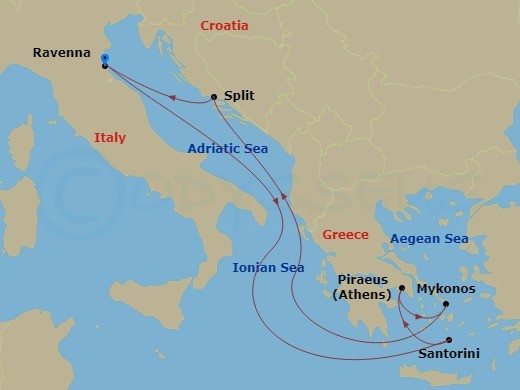RCL Brilliance of the Seas - 7 Night - Greek Isles Cruise - RCL Brilliance of the Seas - Starting in Ravenna, Italy, Santorini, Greece, Athens (Piraeus), Greece, Mykonos, Greece, Split, C.. itinerary map