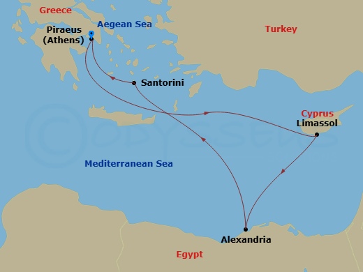 RCL Rhapsody of the Seas - 7 Night - Greece, Egypt & Cyprus Cruise - RCL Rhapsody of the Seas - Starting in Athens (Piraeus), Greece, Limassol, Cyprus, Alexandria EG, Santorini, Greece,.. itinerary map