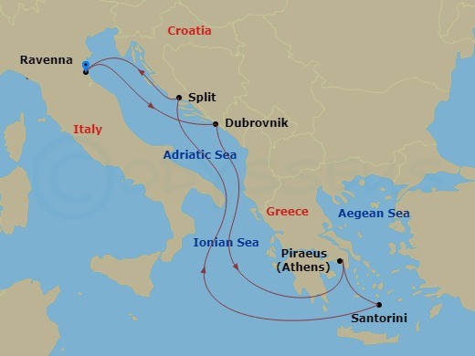 RCL Brilliance of the Seas - 7 Night - Greece & Croatia Cruise - RCL Brilliance of the Seas - Starting in Ravenna, Italy, Dubrovnik, Croatia, Athens (Piraeus), Greece, Santorini, Greece,.. itinerary map