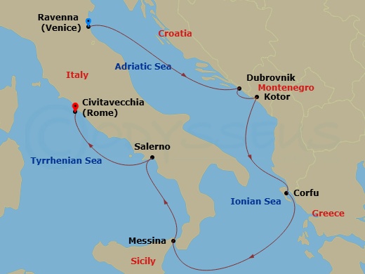 RCL Explorer of the Seas - 7 Night - Italy & Croatia Cruise - RCL Explorer of the Seas - Starting in Ravenna, Italy, Dubrovnik, Croatia, Kotor, Montenegro, Corfu, Greece, Sicily (Messin.. itinerary map