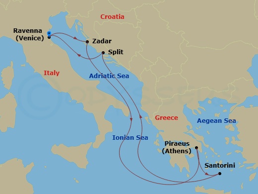 RCL Brilliance of the Seas - 7 Night - Greece & Croatia Cruise - RCL Brilliance of the Seas - Starting in Ravenna, Italy, Zadar, Croatia, Athens (Piraeus), Greece, Santorini, Greece, Spli.. itinerary map