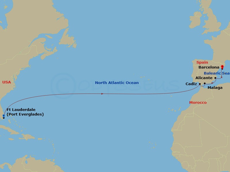 RCL Legend of the Seas - 14 Night - Spanish Transatlantic Cruise - RCL Legend of the Seas - Starting in Fort Lauderdale, Florida, Seville (Cadiz), Spain, Malaga, Spain, Alicante, Spai.. itinerary map
