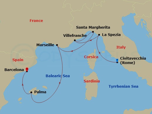 RCL Explorer of the Seas - 7 Night - Italy, Spain & French Riviera - RCL Explorer of the Seas - Starting in Rome (Civitavecchia), Italy, Florence / Pisa (La Spezia), Italy, Nice (Villef.. itinerary map