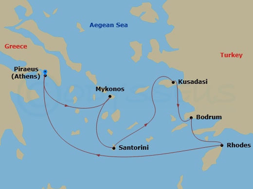 RCL Rhapsody of the Seas - 7 Night - Greek Isles & Turkey Cruise - RCL Rhapsody of the Seas - Starting in Athens (Piraeus), Greece, Mykonos, Greece, Santorini, Greece, Ephesus (Kusadasi.. itinerary map