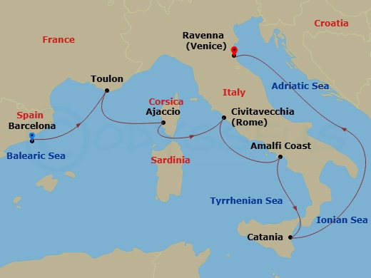 RCL Explorer of the Seas - 7 Night - Italy & France Cruise - RCL Explorer of the Seas - Starting in Barcelona, Spain, Provence (Toulon), France, Ajaccio, Corsica, France, Rome (Civitave.. itinerary map