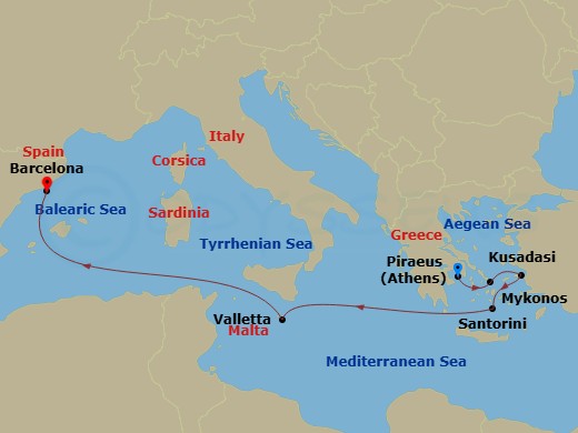 RCL Explorer of the Seas - 7 Night - Greek Isles & Malta Cruise - RCL Explorer of the Seas - Starting in Athens (Piraeus), Greece, Mykonos, Greece, Ephesus (Kusadasi), Turkey, Santorini.. itinerary map