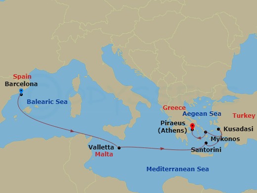 RCL Explorer of the Seas - 7 Night - Greek Isles & Malta Cruise - RCL Explorer of the Seas - Starting in Barcelona, Spain, Valletta, Malta, Santorini, Greece, Ephesus (Kusadasi), Turkey.. itinerary map
