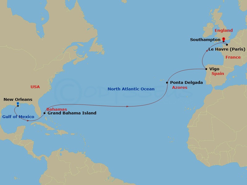 RCL Mariner of the Seas - 15 Night - Spain & Azores Transatlantic - RCL Mariner of the Seas - Starting in New Orleans, Louisiana, Grand Bahama Island, Bahamas, Ponta Delgada, Azores, V.. itinerary map
