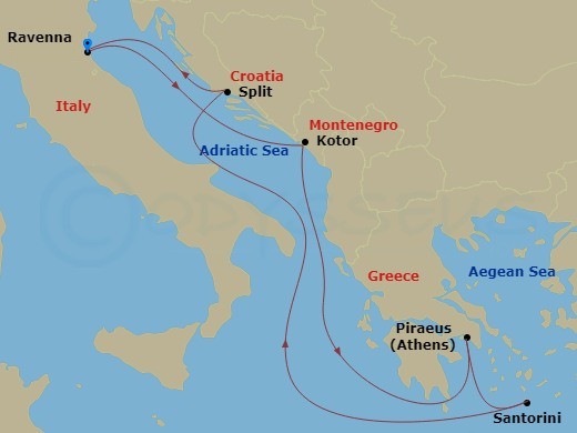 RCL Brilliance of the Seas - 7 Night - Greece & Adriatic Cruise - RCL Brilliance of the Seas - Starting in Ravenna, Italy, Bay of Kotor (Cruising), Kotor, Montenegro, Athens (Piraeus), Gr.. itinerary map