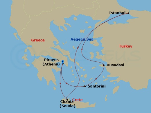 RCL Rhapsody of the Seas - 7 Night - Best of Greece & Turkey Cruise - RCL Rhapsody of the Seas - Starting in Athens (Piraeus), Greece, Santorini, Greece, Ephesus (Kusadasi), Turkey, Ist.. itinerary map