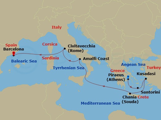 RCL Rhapsody of the Seas - 8 Night - Best of Greece & Italy Cruise - RCL Rhapsody of the Seas - Starting in Athens (Piraeus), Greece, Santorini, Greece, Ephesus (Kusadasi), Turkey, Chan.. itinerary map
