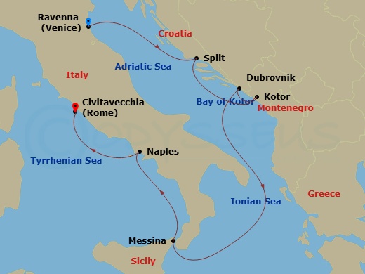 RCL Brilliance of the Seas - 7 Night - Italy & Croatia Cruise - RCL Brilliance of the Seas - Starting in Ravenna, Italy, Split, Croatia, Kotor, Montenegro, Dubrovnik, Croatia, Sicily (Mes.. itinerary map