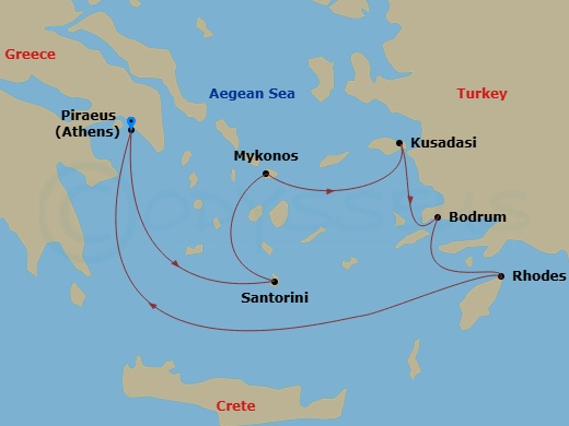 RCL Rhapsody of the Seas - 7 Night - Greek Isles & Turkey Cruise - RCL Rhapsody of the Seas - Starting in Athens (Piraeus), Greece, Santorini, Greece, Mykonos, Greece, Ephesus (Kusadasi.. itinerary map