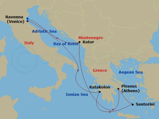 RCL Brilliance of the Seas - 7 Night - Greece & Adriatic Cruise - RCL Brilliance of the Seas - Starting in Ravenna, Italy, Bay of Kotor (Cruising), Kotor, Montenegro, Athens (Piraeus), Gr.. itinerary map